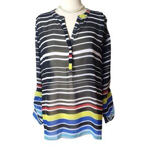 A.N.A Womens Plus Striped Tunic 3X Sheer Blouse V-Neck LS office festive, boho